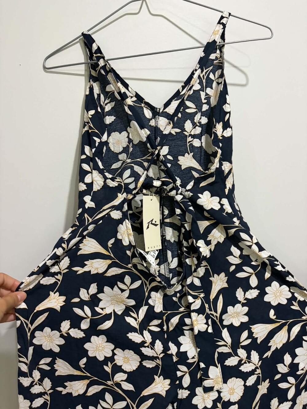 Rusty Navy Floral Midi Dress with Cream and Tan Blooms